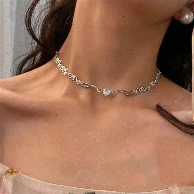 Crystal Choker Necklace with Heart and Butterfly Pendant