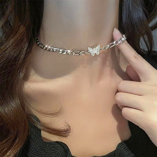 Crystal Choker Necklace with Heart and Butterfly Pendant